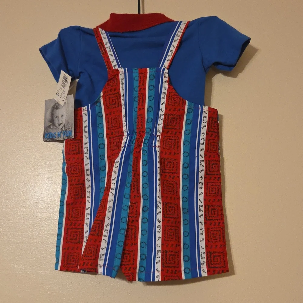 NWT 90s Vintage Kmart Colorful Baby Romper Playsuit Red & Blue Stripes 18 Months